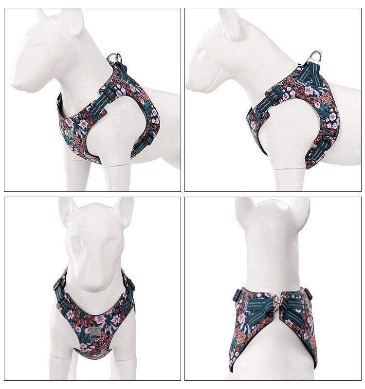 Floral No-Pull Cotton Pet Harness – Reflective, Adjustable & Stylish - Pet house